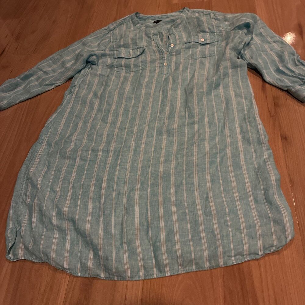 Talbots XL Turquoise Blue & White Striped Linen Shirt Dress-